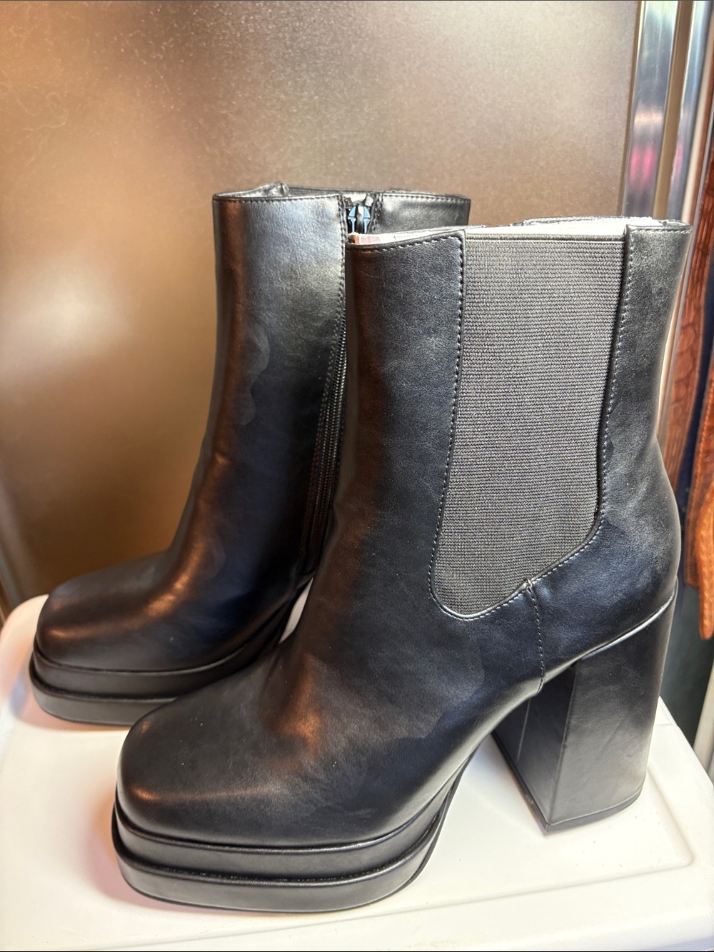 Wild Pair Black Leather Platform Block Heel Ankle Boots